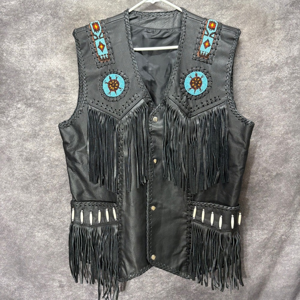 Mens Black Leather Beaded Fringe Vest Size L Southwestern Cowboy Native Blue
